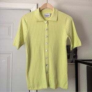 LMND neon lime green yellow rib knit viscose‎ cotton short sleeve button up top